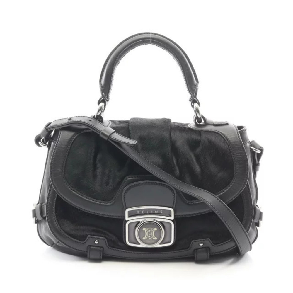 Celine 2way handbag black calfskin leather textured calf hair Black